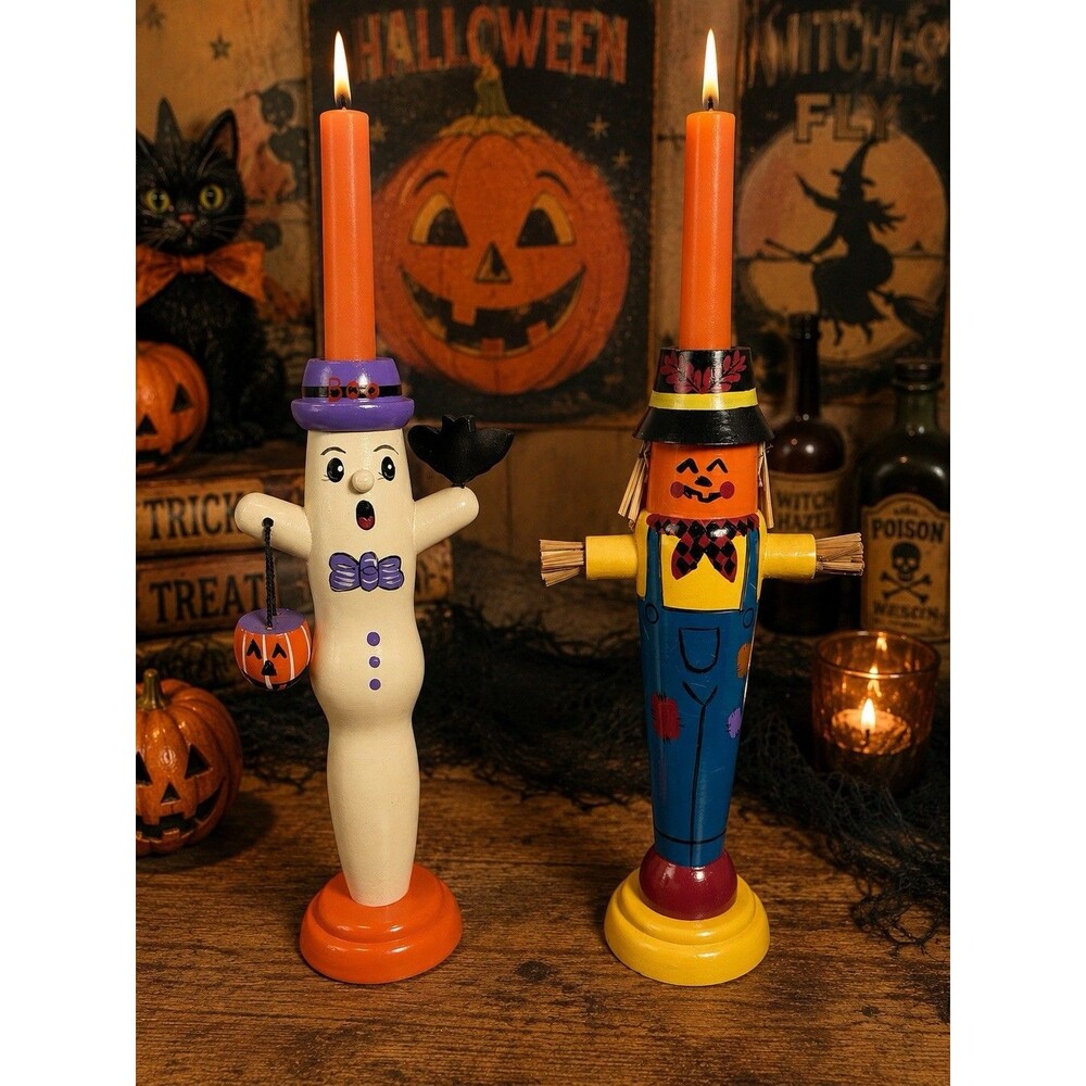 Vintage Halloween Ghost & Scarecrow Wooden Taper Candle Holders Set of 2